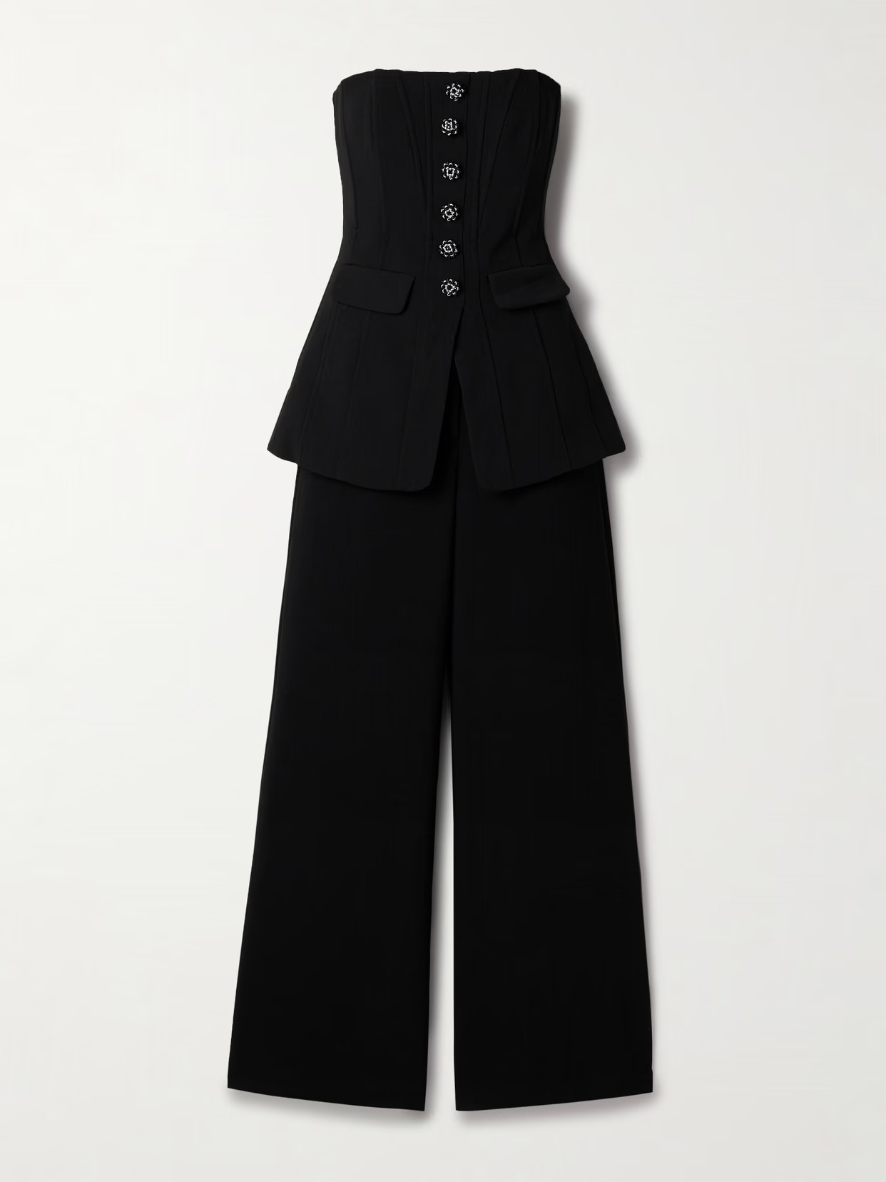 Self-Portrait - Convertible Strapless Crystal-embellished Peplum Crepe Jumpsuit - Black | NET-A-PORTER (US)
