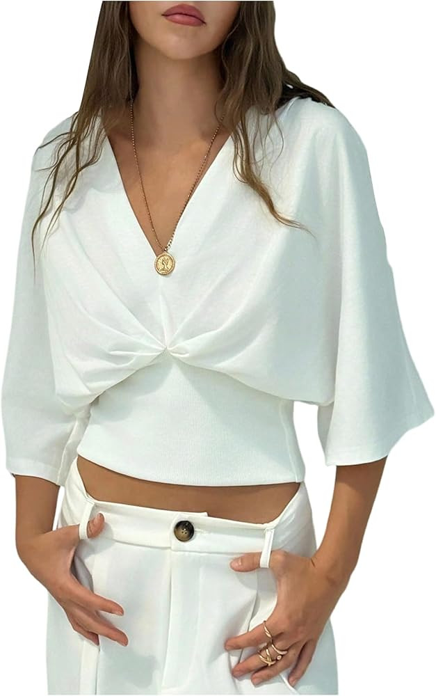 GORGLITTER Women's Dolman 3/4 Length Sleeve Cinched Waist Tops Ruched V Neck Blouses Summer Vacat... | Amazon (US)