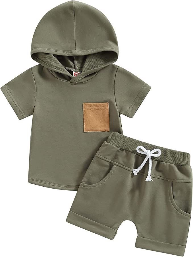 Toddler Baby Boy Clothes Short Sleeve Hooded Patchwork Hoodie Top Solid Color Shorts Cute Newborn... | Amazon (US)