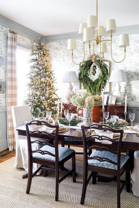 My dining room at Christmas features a 7.5 pre-lit tree with crystal and gold ornaments, a realistic wreath and Christmas scene salad plates  

#LTKSeasonal #LTKHoliday #LTKhome
