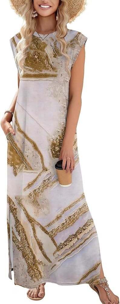 Zeagoo Women Floral Maxi Dress Summer Casual Sleeveless Sundress Crew Neck Long Dresses with Pock... | Amazon (US)