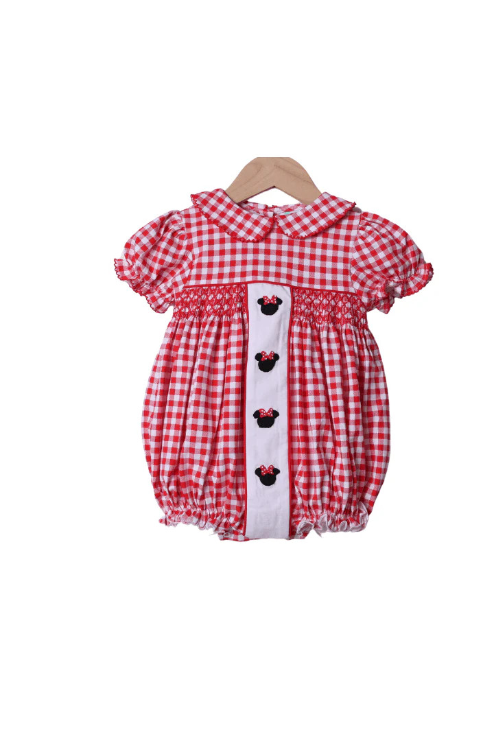 Hand Embroidered Mouse Red Gingham Knit Bubble | The Smocked Flamingo