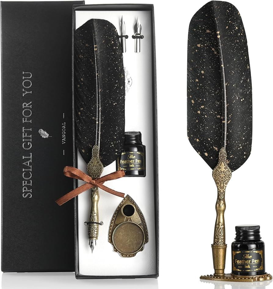 VANGOAL Vintage Black Feather Pen and Ink Set, Classic Series Goose Quill With Carving Stand, Cal... | Amazon (US)