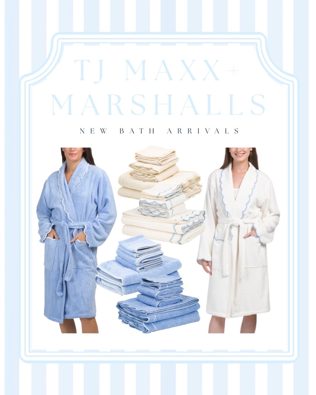 Fresh bath arrivals at TJ Maxx & Marshalls 🤍🩵

If you love the Serena & Lily aesthetic without the designer price tag, you’ll want to check your local TJ Maxx and Marshalls. I found the sweetest scalloped bath towels, matching hand towels, and coordinating robes in the prettiest soft blue and ivory color palette. These make your bathroom feel like a luxury coastal spa for a fraction of the price.

Perfect for a coastal bathroom refresh, guest bathroom makeover, or anyone looking for designer-inspired bath linens on a budget. Save this for your next TJ Maxx or Marshalls trip!#TJMaxxFinds #MarshallsFinds #CoastalHome #BathroomDecor #CoastalBathroom #BathLinens #LuxuryForLess #DesignerLookForLess #SerenaAndLilyInspired #ScallopedDecor #HomeDecorFinds #BathroomRefresh #GuestBathroom #BlueAndWhiteDecor @TJ Maxx @Marshalls

#LTKHome