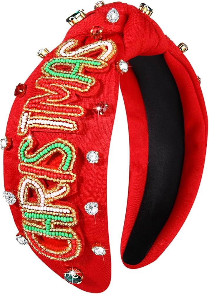 NVENF Christmas Headband for Women Jeweled Xmas Plaid Headband Embellished Crystal Pearl Knotted ... | Amazon (US)