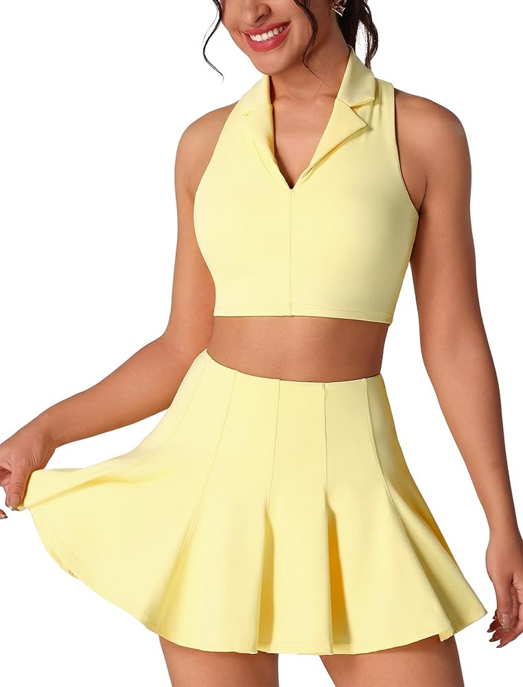 2 Piece Tennis Dress for Women Pleated Tennis Skirt Sleeveless Racerback Padded Crop Top Golf Wor... | Amazon (US)