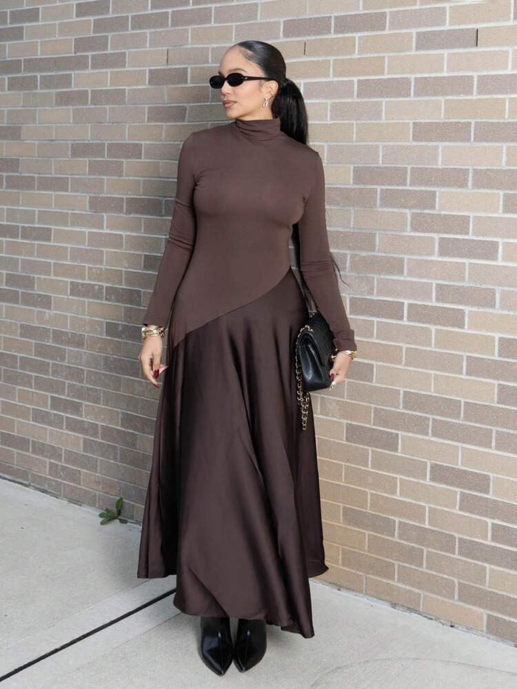 Melissa Matos High-End Knitted & Woven Patchwork Turtleneck Long Sleeve Dress In Coffee Color | SHEIN