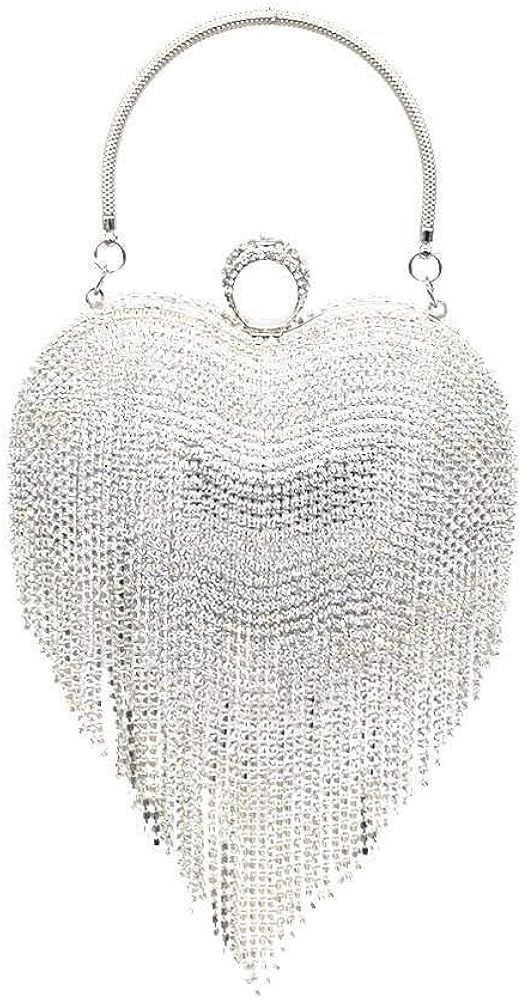 UMREN Women Luxury Heart Shape Tassel Evening Clutch Bag Rhinestones Wedding Party Purse Handbag | Amazon (US)