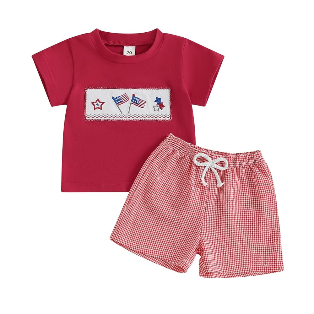 MoZiKQin Toddler Baby Boy Summer Clothes Short Sleeve Embroidery Letter T-shirt with Plaid Shorts... | Amazon (US)