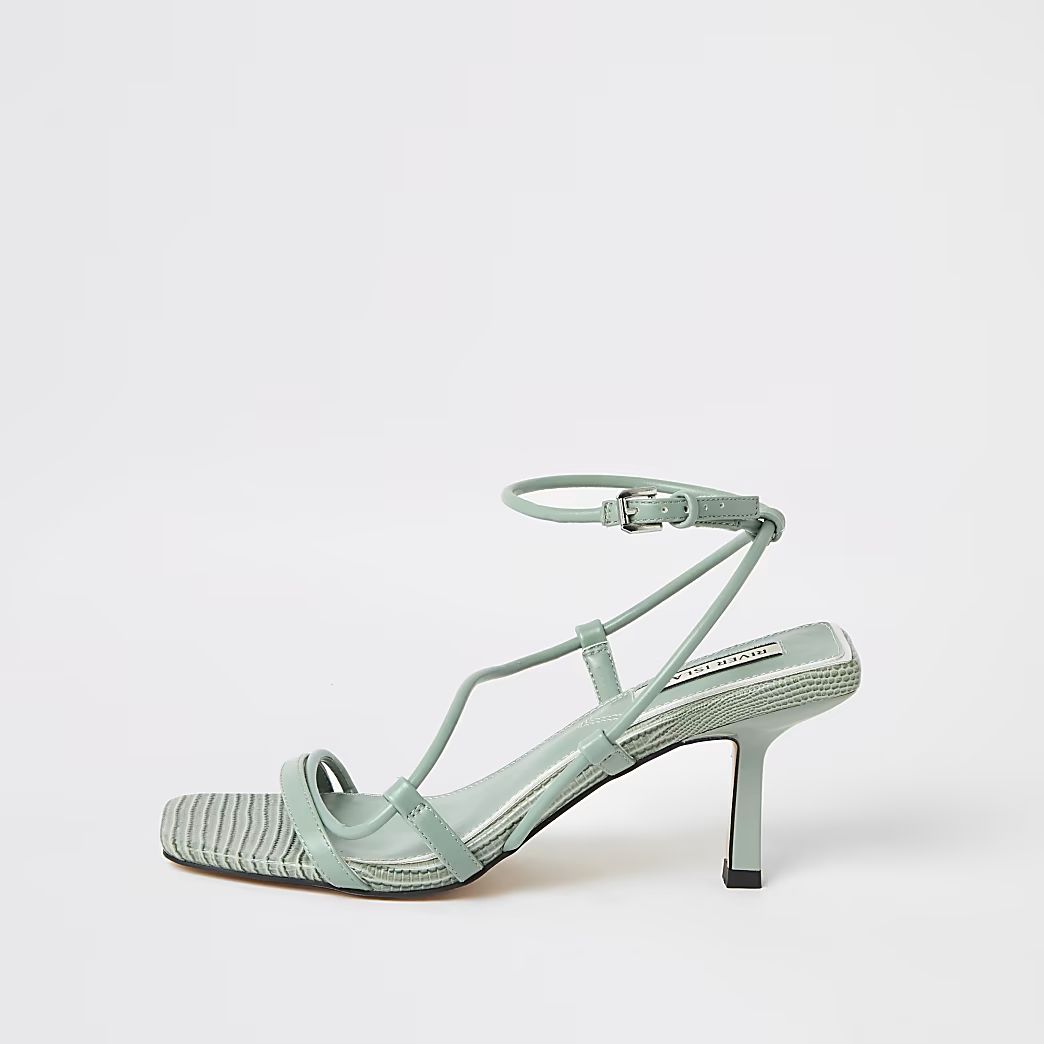 Green square toe midi heel sandals | River Island (UK & IE)