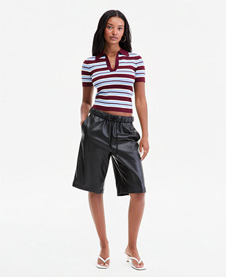 Women's Faux-Leather Side-Stripe Bermuda Shorts | Macy's
