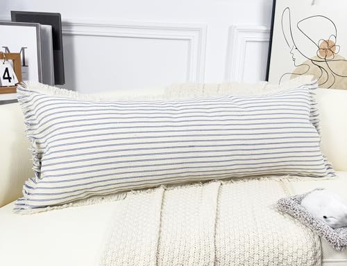 PANOD Boho Extra Long Lumbar Pillow Cover, Cotton Linen Decorative Long Lumbar Throw Pillow Case for Bed, Sofa, Couch, Farmhouse Living Room, Light Blue | Amazon (US)