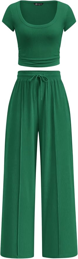PRETTYGARDEN Women's Summer 2 Piece Matching Lounge Sets | Ribbed Comfy Clothing,Short Sleeve Cro... | Amazon (US)