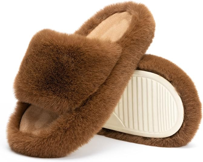 Chantomoo Women's Blue Memory Foam Faux Fur Lined Open Toe Slippers for Women - US 12 | Amazon (US)