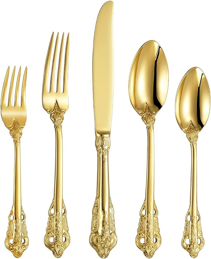 KEAWELL Gorgeous Gold Flatware Box Sets of Steel Knives and Forks,Heavy Tableware Antique Gold Fl... | Amazon (US)