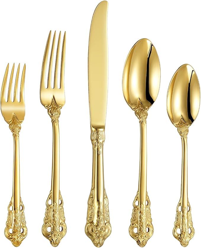 KEAWELL Gorgeous Gold Flatware Box Sets of Steel Knives and Forks,Heavy Tableware Antique Gold Fl... | Amazon (US)