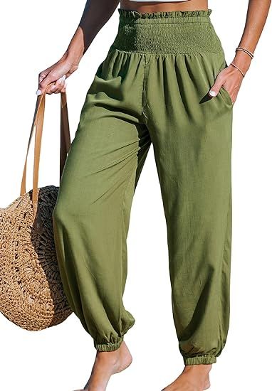 CUPSHE Women Pants Smocked Waist Tapered Leg Micro-Ruffle Loose Fit Pant Casual Beach | Amazon (US)