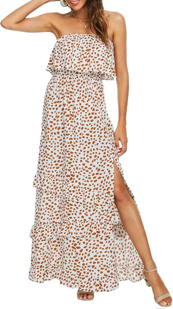 Zattcas Women Off Shoulder Maxi Dress Summer Strapless Long Maxi Dress with Slit | Amazon (US)