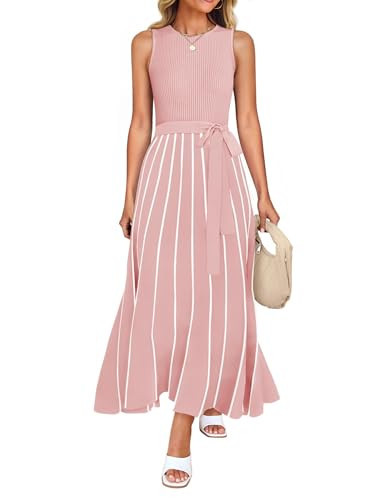ZESICA Women's Summer Sleeveless Maxi Dress 2025 Crewneck Ribbed Knit Tie Waist Casual A Line Sweater Dresses Dustypink X-Large | Amazon (US)