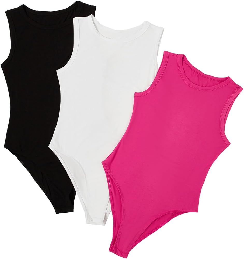 Milumia Women's 3 Pack Sleeveless Bodysuit Solid Round Neck Skinny Tank Tops Set | Amazon (US)
