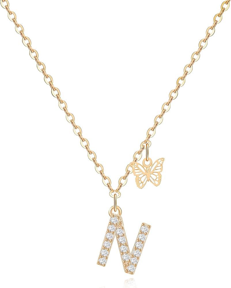 MJartoria Dainty Initial Necklace Butterfly Pendant Necklace, 14K Gold Plated Cubic Zirconia Lett... | Amazon (US)