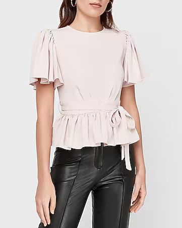 Belted Flutter Sleeve Peplum Top | Express