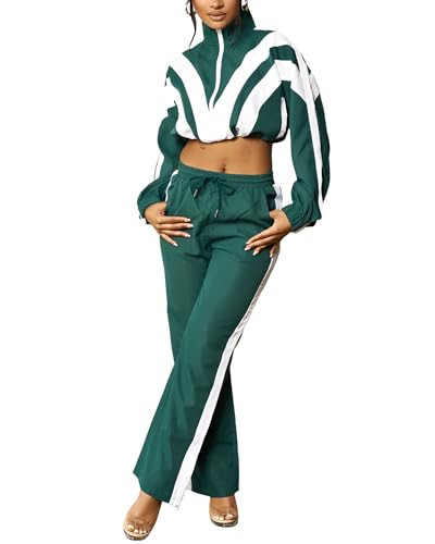 CHEZVOGUE Women's 2 Piece 80s Outfit Color Block Crop Top Sweatshirt Pants Set Long Sleeve Windbreaker Jacket Tracksuit Set | Amazon (US)