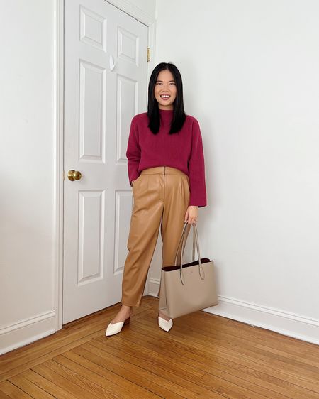 Pink sweater (XS)
Brown faux leather pants (4S)
Taupe tote bag
White pumps (1/2 size up)
Ann Taylor outfit
Business casual outfit
Smart casual outfit
Fall work outfit
Fall outfit
Date night outfit

#LTKfindsunder100 #LTKSeasonal #LTKworkwear