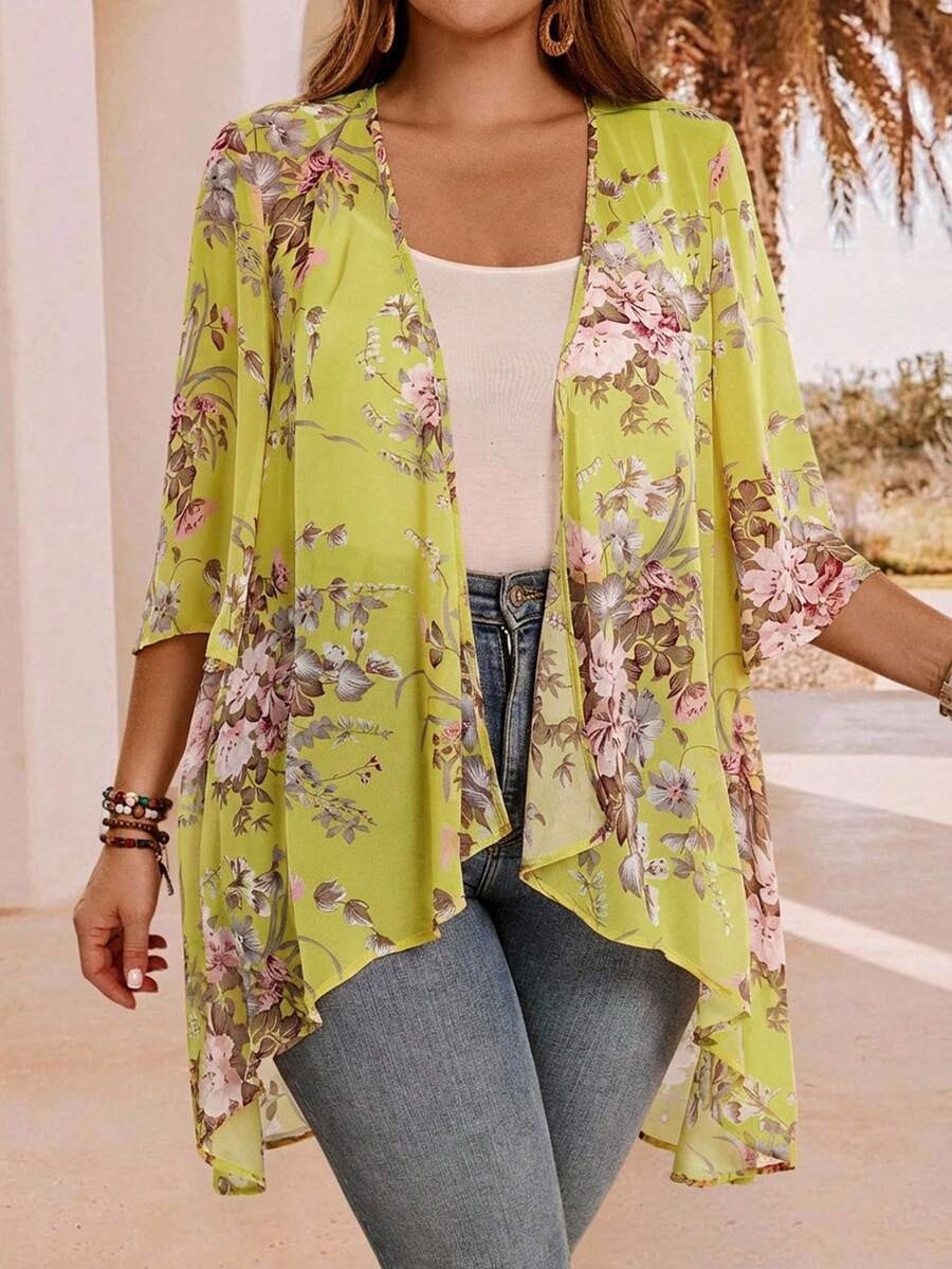 EMERY ROSE Plus Size Elegant Asymmetrical Hem Front Open Lightweight Summer Jacket,Country Casual... | SHEIN