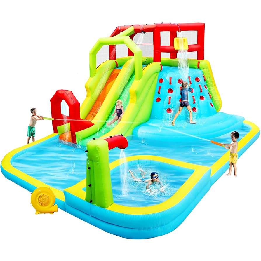Inflatable Water Slide Park, Bouncy Castle with Deep Pool, 3 Inflatable Sport Balls and 4 Water G... | Amazon (US)