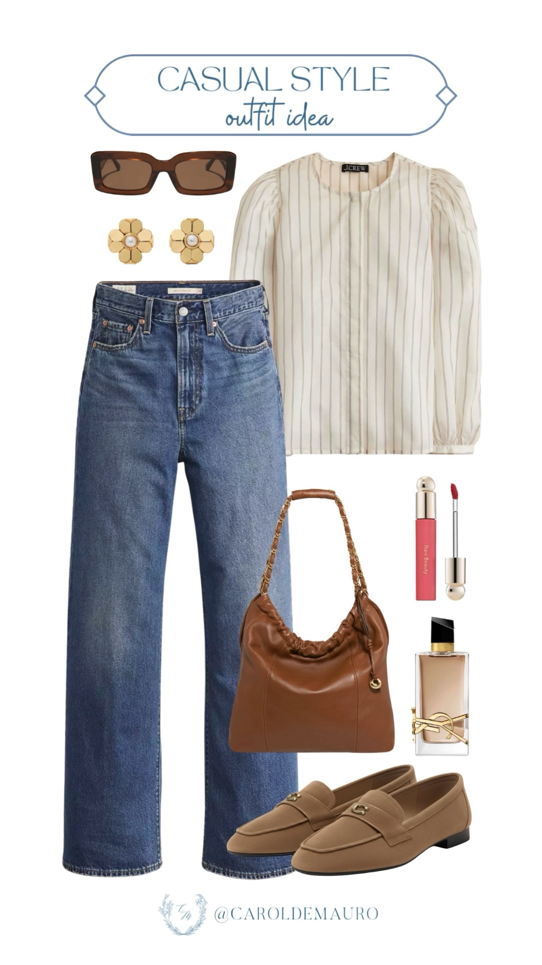 You can still look put-together with this casual style by wearing a cute stripe button-up top, wide-leg denim jeans, and brown suede loafers. Style it with sunglasses, flower stud earrings, and a Lennon shoulder bag!

ootd, capsule wardrobe, casual chic, cozy outfit, brunch outfit, city stroll, scent of the day, weekend style

#LTKU #LTKBeauty #LTKSeasonal