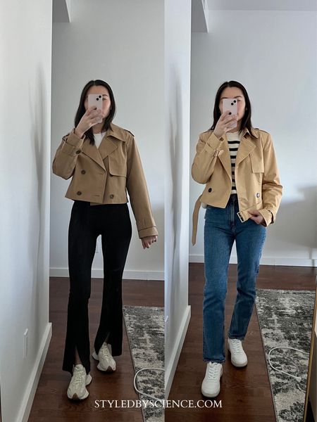Styling two high-quality cropped trench coats - left (S), right (UK 4). The right trench coat comes with a belt and padded shoulders. Left style is more casual and slightly shorter which I felt was more versatile and easy to throw on. It’s also water resistant! 

#LTKworkwear #LTKSeasonal #LTKsalealert