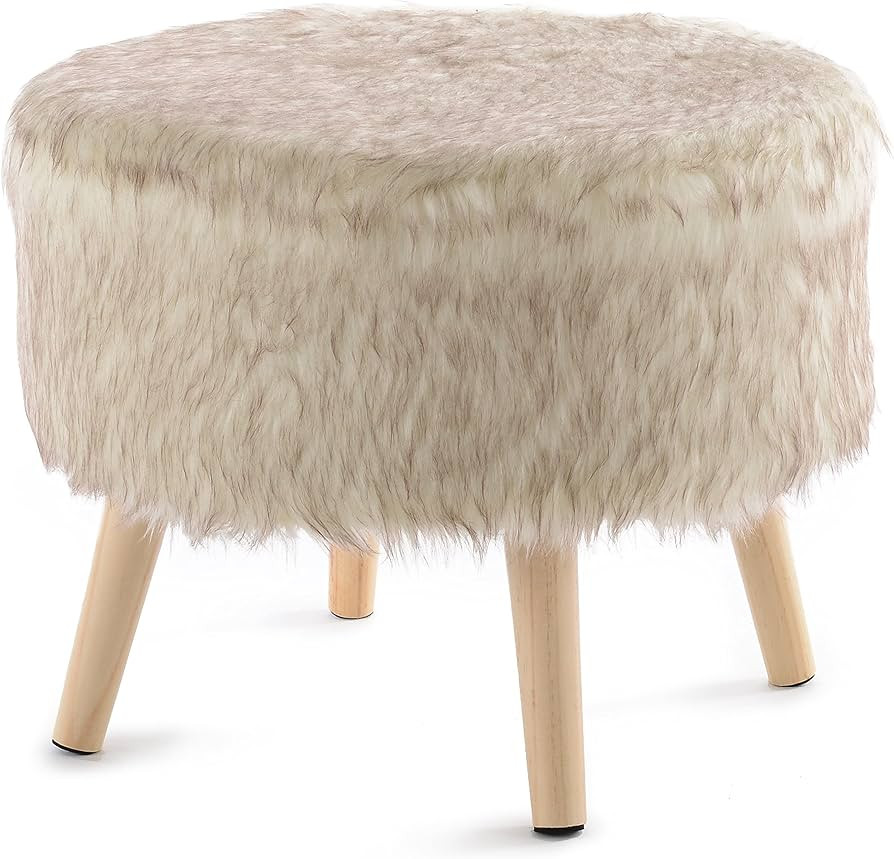 Cheer Collection 17" Round Ottoman | Super Soft Decorative Tan Wolf Faux Fur Foot Stool with Wood... | Amazon (US)