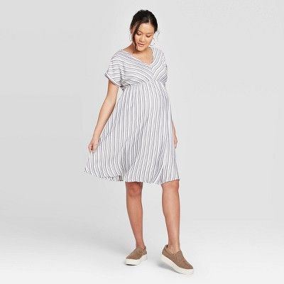 Striped Cuffed Short Sleeve Shirt Maternity Dress - Isabel Maternity by Ingrid & Isabel™ Gray/W... | Target