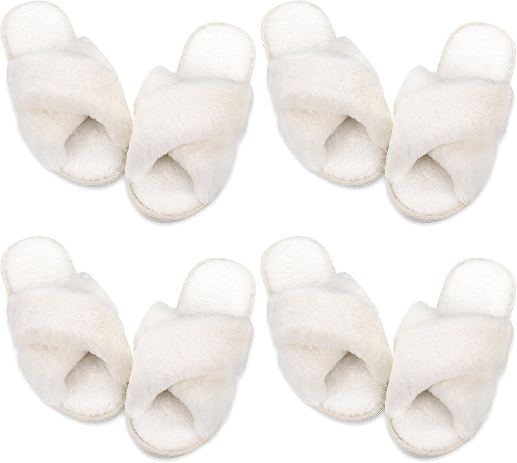 Newcotte 4 Pairs Women's Cross Band Fuzzy Slippers Plush Furry House Slippers Bridesmaid Slippers... | Amazon (US)