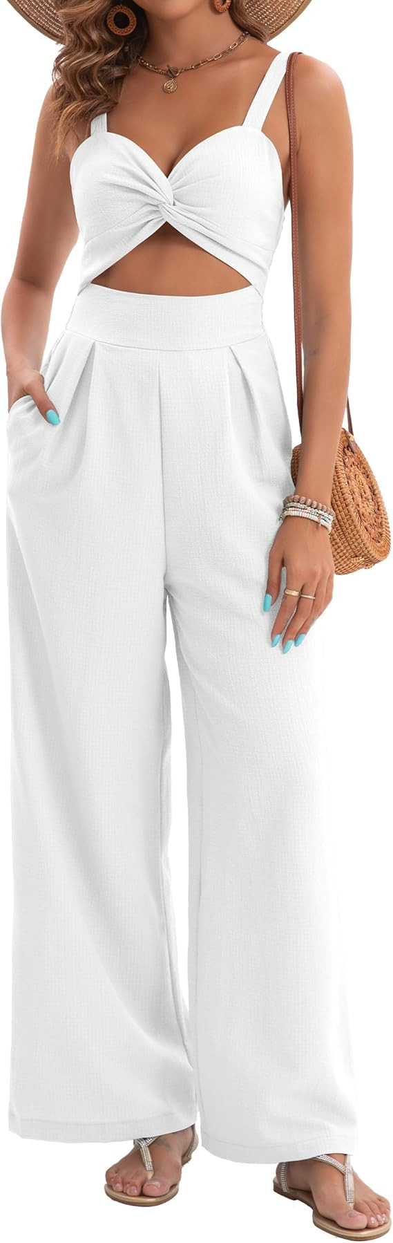 Womens Summer Jumpsuits Dressy Sexy V Neck Twist One Piece Outfits Sleeveless Casual Wide Leg Lon... | Amazon (US)