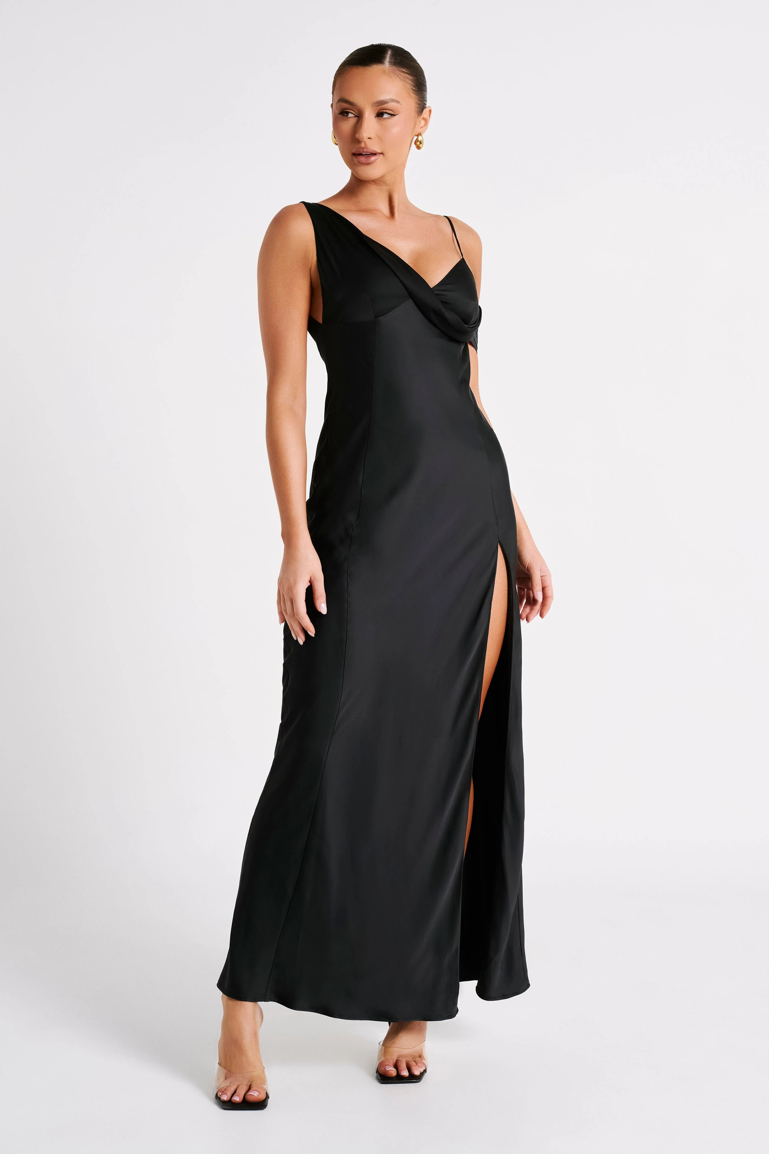 Soleil Satin Off Shoulder Maxi Dress - Black | MESHKI US