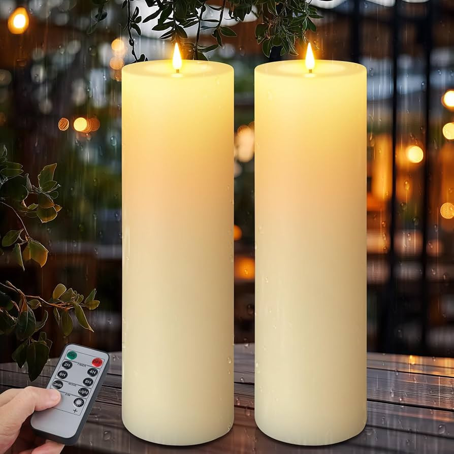 14" x 4" Large Outdoor Candles, Waterproof Flickering LED Flameless Candles with Timer, Battery O... | Amazon (US)