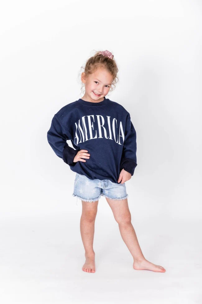 Kids America Varsity Graphic Navy Sweatshirt | The Pink Lily Boutique