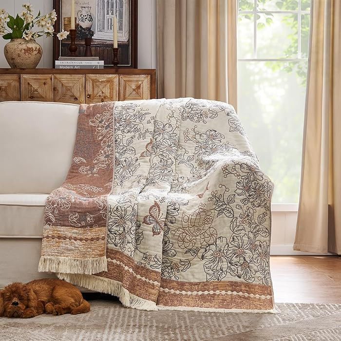 JINCHAN Boho Floral 100% Cotton Blanket 4-Layer Throw Blanket with Tassel Taupe and White Flower ... | Amazon (US)