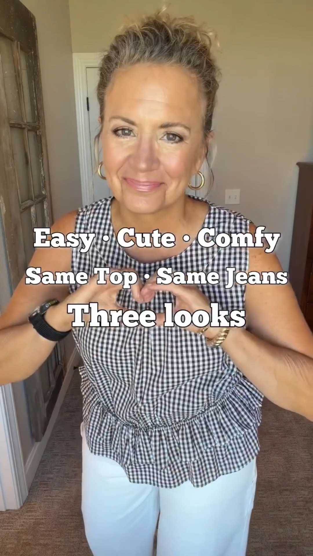 Some tops just make getting dressed easy… and this is one of them.

I paired this gingham top in red and black with both blue and white wide-leg jeans, and I honestly love all three looks.

💙 The blue denim feels a little more casual for everyday.
🤍 The white denim gives it a polished summer look.

A few sizing notes because I know you’ll ask:
• The gingham top is a Large, and I’d definitely size down to a Medium for a better fit.
• The blue wide-leg jeans are a size 10 and fit perfectly with great stretch.
• The white pair is a size 12. I don’t like white jeans skin-tight, but these are just a little looser than I’d prefer, so I’d probably stick with my usual size.

These jeans are comfortable enough to wear now with sandals, but they’ll transition perfectly into fall with sneakers, loafers, or ankle boots.

#amazonfashion #ginghamstyle #widlegjeans #womenover50style #womenover60style casualstyle everydaystyle affordablefashion amazonfinds falltransition

#LTKgrwm #LTKootd #LTKdayinmylife