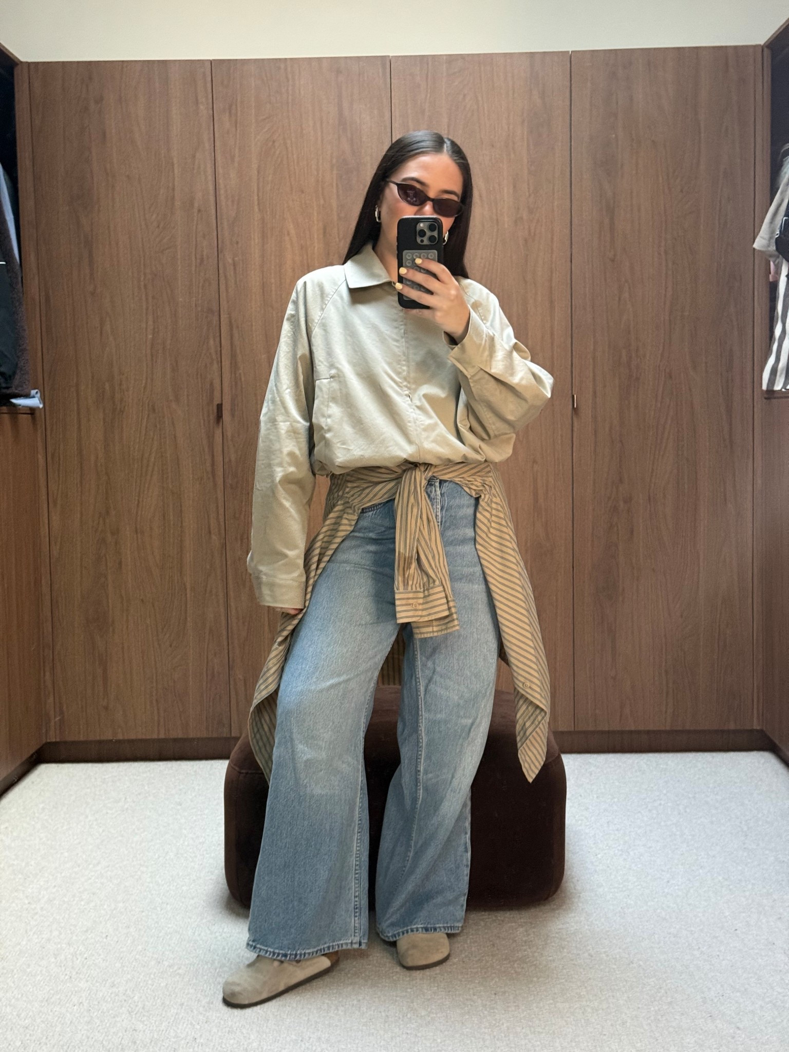 Wearing medium jacket and 24 jeans 

Shirt is Kowtow unisex 
