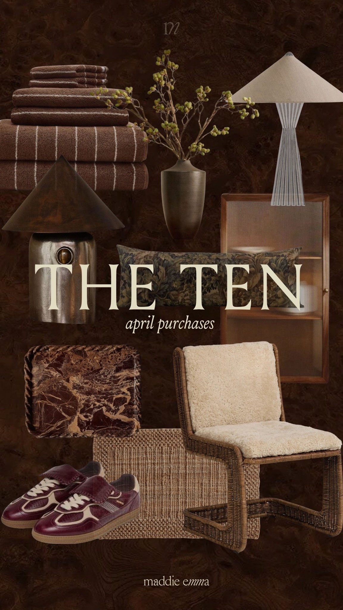 April Purchases 

shearling chair, doormat, marble tray, table lamp, striped towels, faux stems