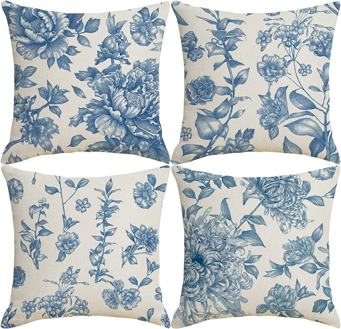 Blue Floral Cushion Covers 45x45 cm, Pack of 4, Toile Peony Scatter Cushions, Chinoiserie Flowers... | Amazon (UK)
