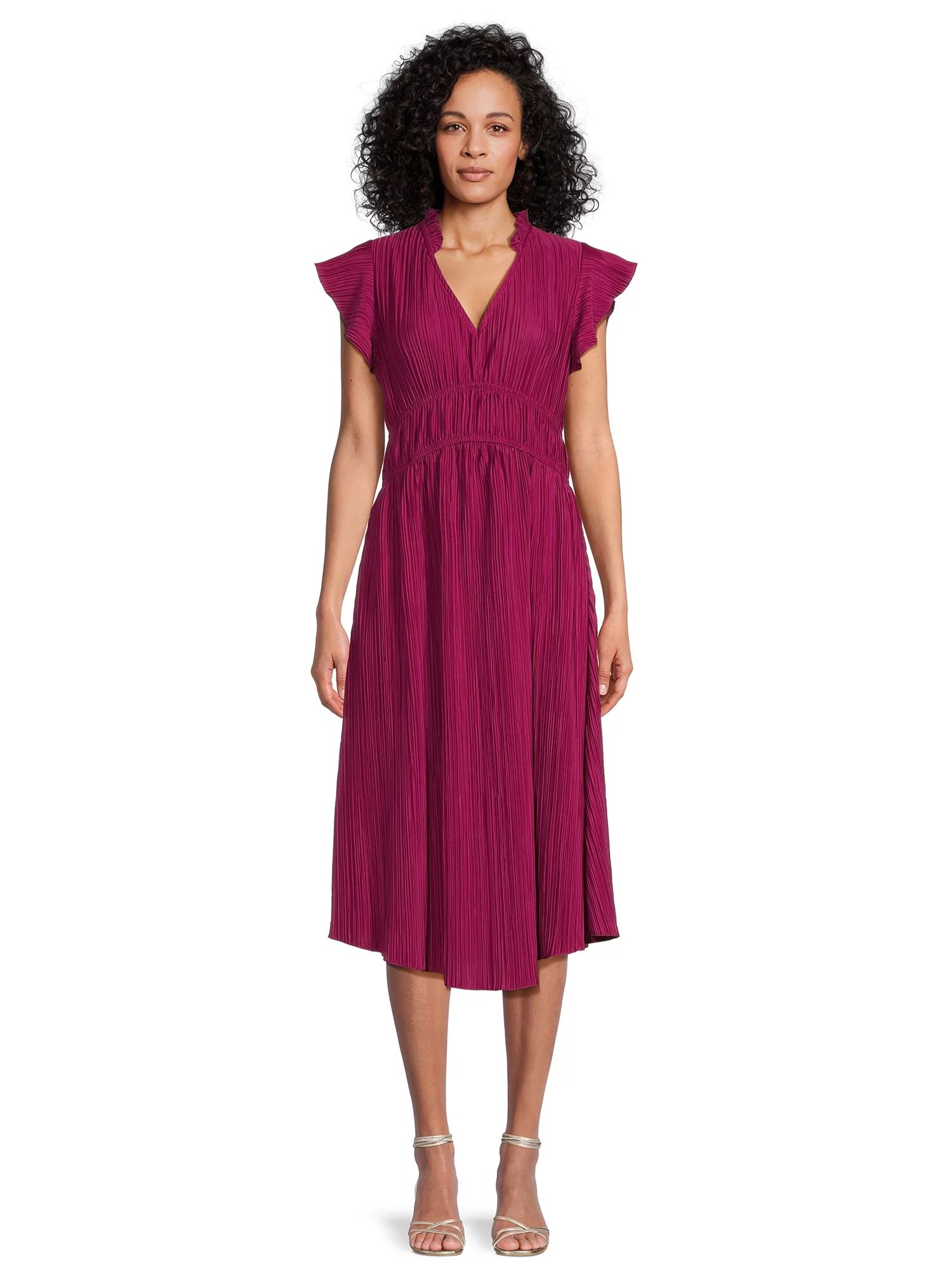 Time and Tru Women's Plisse Midi Dress with Flutter Sleeves, Sizes XS–XXXL | Walmart (US)