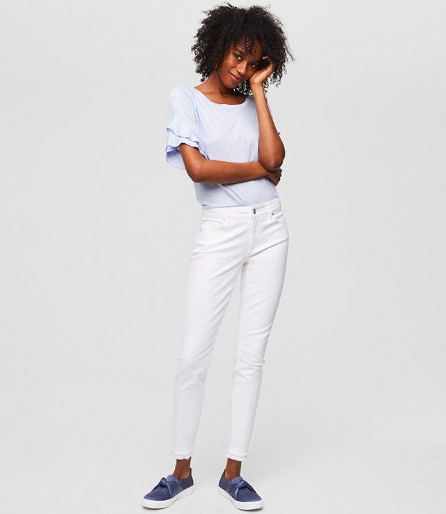 Modern Double Frayed Skinny Ankle Jeans in White | LOFT | LOFT