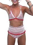 Dokotoo Womens Summer Pop Pop High Waist Two Pieces Push Up Fashion Bikini Set Padded Striped Tassel | Amazon (US)