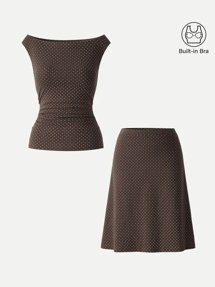 2Pcs Set Polka Dot Boatneck Bra Top & A-Line Flare Skirt Limited Edition | OGLmove