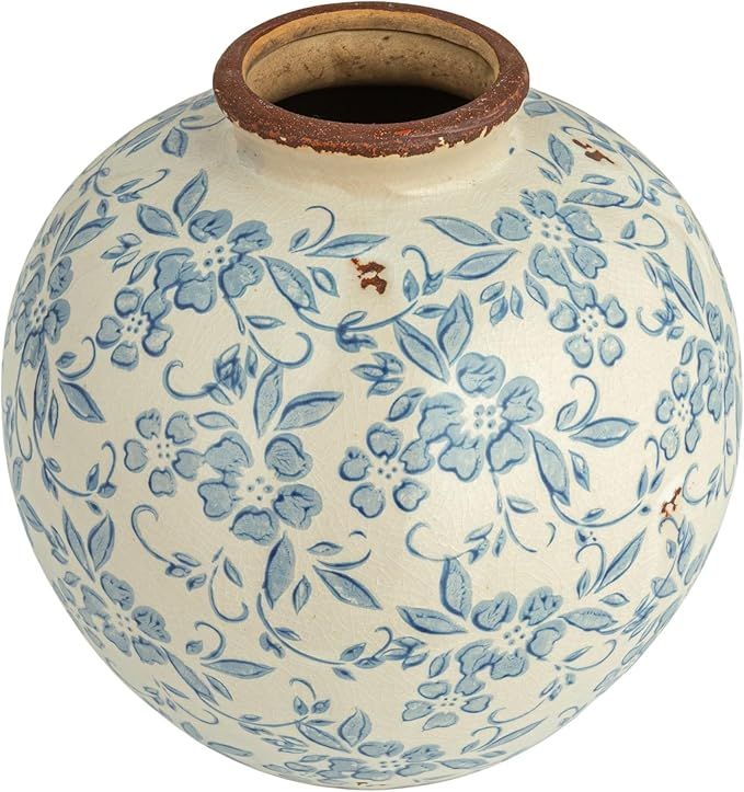 Creative Co-Op DF2720 8" H Terracotta Floral Transferware Pattern & Crackle Finish Vase, Blue | Amazon (US)