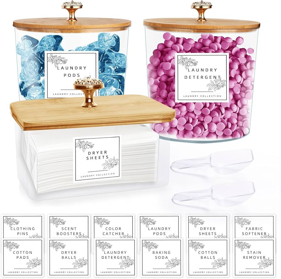 3 Pack Laundry Room Organization Storage Containers Acrylic Jars and Dryer Sheet Holder with Lids... | Amazon (US)